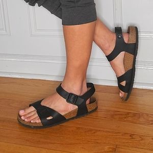 Birkenstock Rio Unisex Black Leather Size 11/42 Ankle Strap